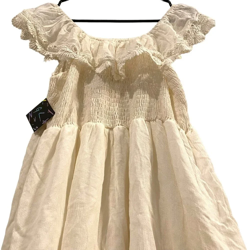 Nasty Gal Raga White Crochet Lace Cotton Off The Shoulder Dress with Embroided L - Picture 5 of 5